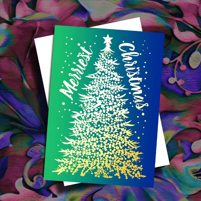 Christmas Tree Merriest Christmas Blue Ombre Foil Holiday Card (Creator Uploaded)