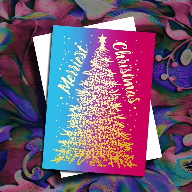 Christmas Tree Merriest Christmas Pink Ombre Foil Holiday Card (Creator Uploaded)