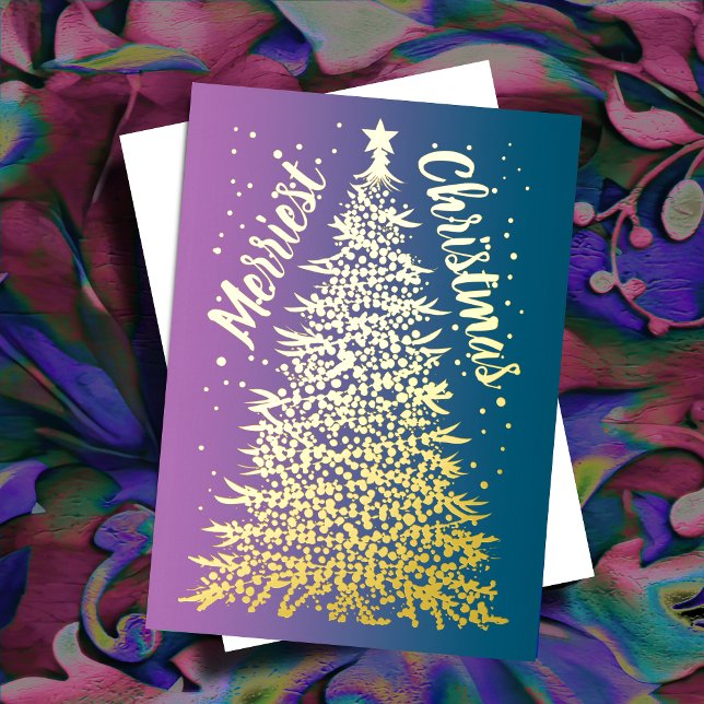 Christmas Tree Merriest Christmas Teal Ombre Foil Holiday Card (Creator Uploaded)