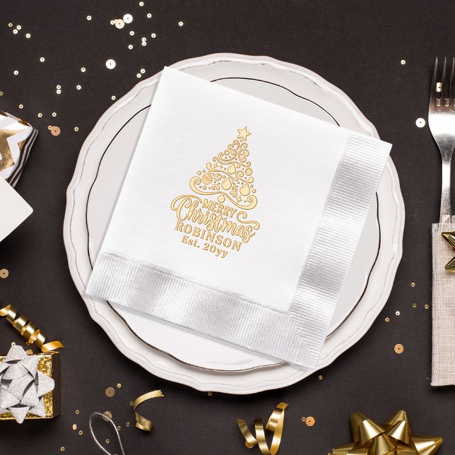 Christmas Tree Merry Christmas Family Name Date Foil Napkins (Christmas Tree Merry Christmas Family Name and Date Stamped Foil Napkins)