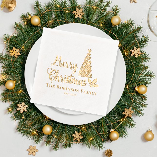 Christmas Tree Merry Christmas Family Name Date Foil Napkins (Christmas Tree "Merry Christmas" Family Name and Date Established Stamped Foil Napkins)