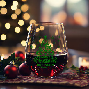 Christmas Tree Merry Christmas Family Name Date Stemless Wine Glass