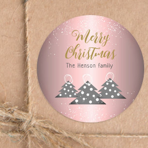 Christmas Tree Metallic Pink Family Holiday Classic Round Sticker