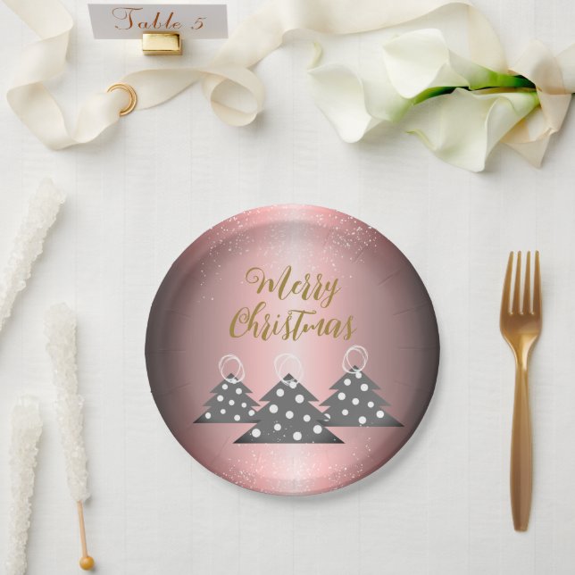 Christmas Tree Metallic Pink Script Holiday Party Paper Plate (Wedding)