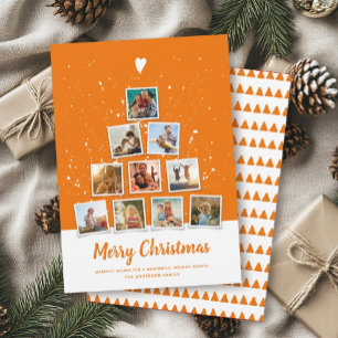 Christmas Tree Modern Family Photo Collage Orange Holiday Card