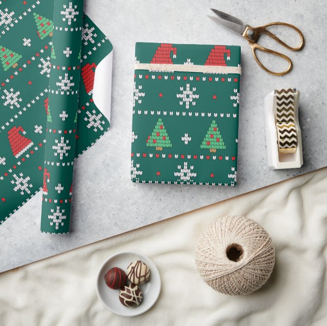 Christmas tree Modern green red and white pattern  Wrapping Paper (Crafts)