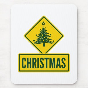 Christmas Tree Modern Holiday Road Warning Sign Mouse Pad
