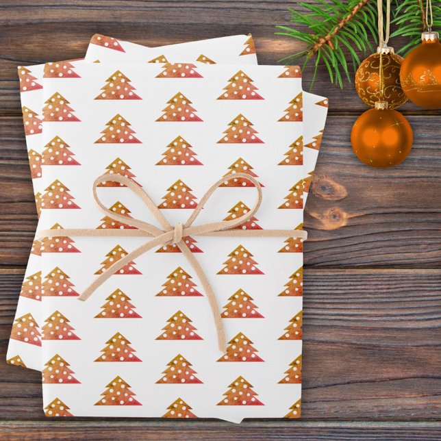 Christmas Tree Modern Orange Red Holiday Pattern Wrapping Paper Sheet (Creator Uploaded)
