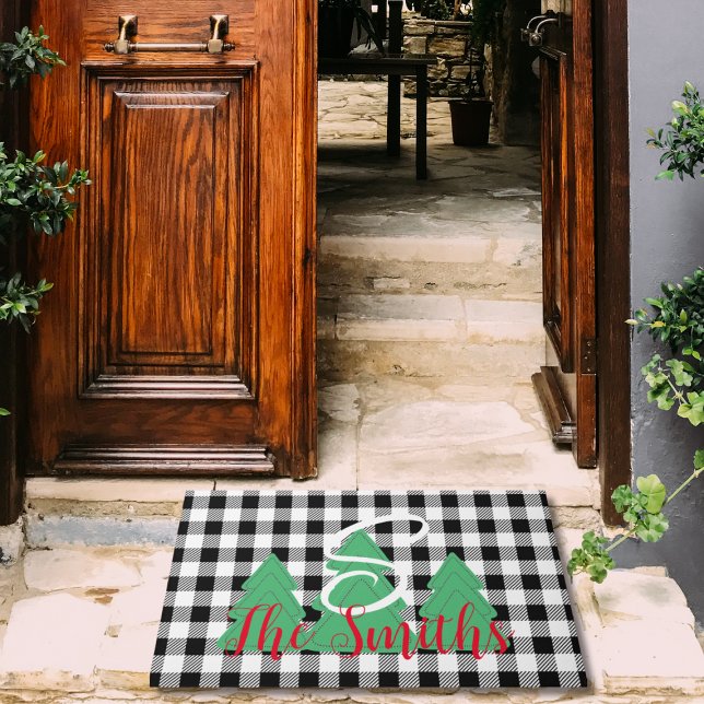 Christmas Tree Monogram Black White Buffalo Plaid Doormat (Creator Uploaded)