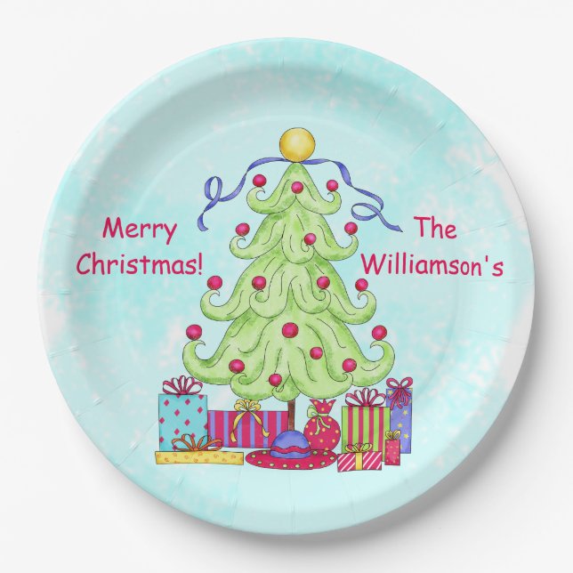 Christmas Tree Name Personalised Turquoise Party Paper Plate (Front)