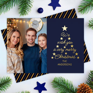 Christmas Tree Navy Blue Gold Stars Family Photo  Foil Holiday Card