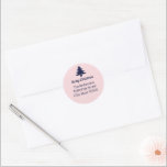 Christmas Tree Navy Blue Pale Pink Return Address Classic Round Sticker<br><div class="desc">You can personalise navy blue text with your personalised message and name. At the top, you can customise the navy blue script that says "Merry Christmas". There's additional navy blue display text that you can edit to show your name and return address. This pale pink sticker has a navy blue...</div>
