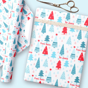 Christmas Tree Nordic Simple Blue Red Custom Name  Wrapping Paper