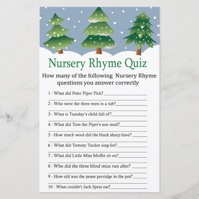 Christmas tree Nursery Rhyme Quiz baby shower game (Front)
