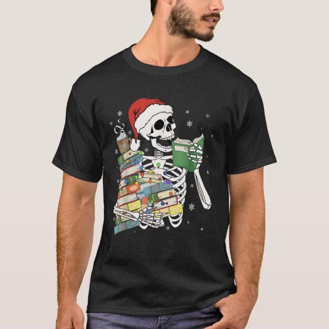 Christmas Tree Of Books Funny Skeleton Reading Boo T-Shirt (Front)