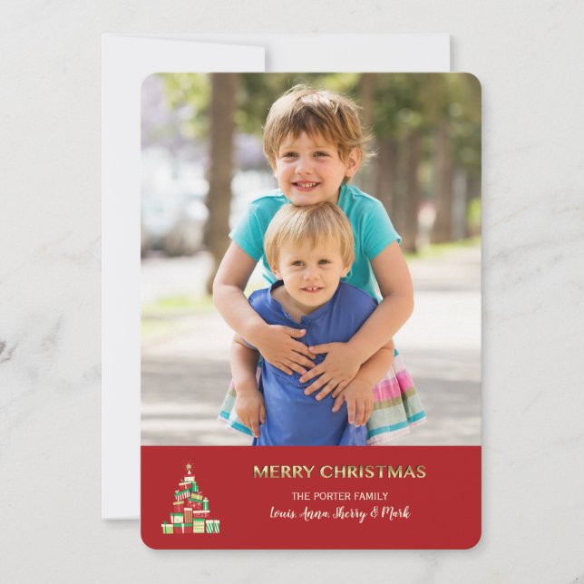 Christmas Tree of Gift Boxes Photo Card (Red) (Front)