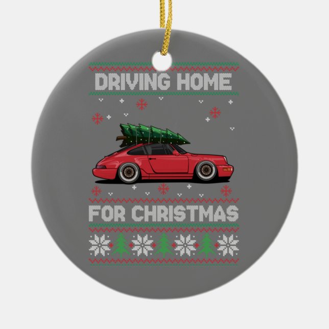 Christmas Tree Oldtimer Car Xmas Ugly Sweater Pull Ceramic Ornament (Front)