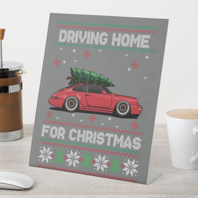 Christmas Tree Oldtimer Car Xmas Ugly Sweater Pull Pedestal Sign (In SItu)