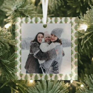 Christmas Tree on a Wicker Basket Pattern Photo Glass Tree Decoration
