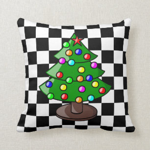 Christmas Tree on Black and White Chequered Backgr Cushion