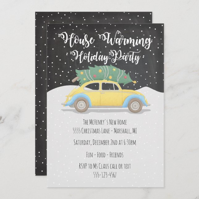Christmas Tree on Car House Warming Holiday Party Invitation (Front/Back)