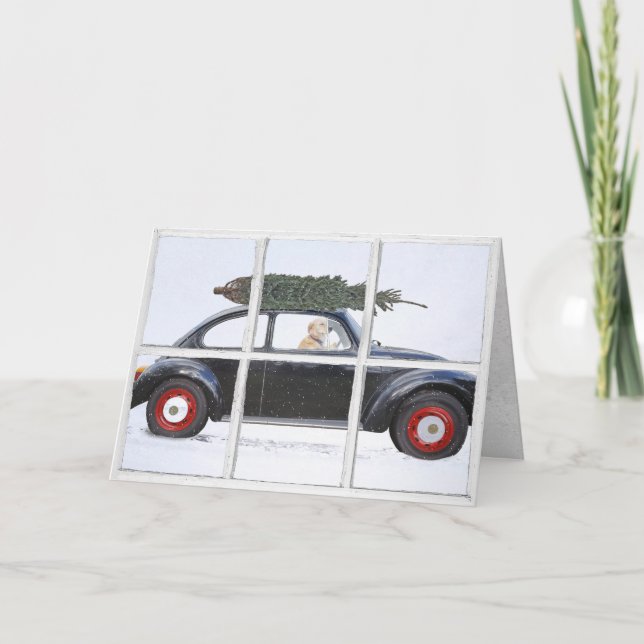 Christmas tree on car with dog in snowy window card (Front)