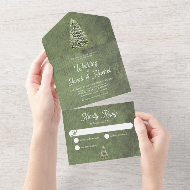 Christmas Tree on Green Wood Rustic Wedding All In One Invitation (Tearaway)