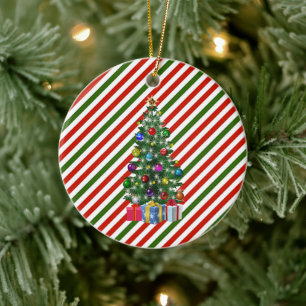 Christmas Tree on Holiday Stripes Ceramic Ornament