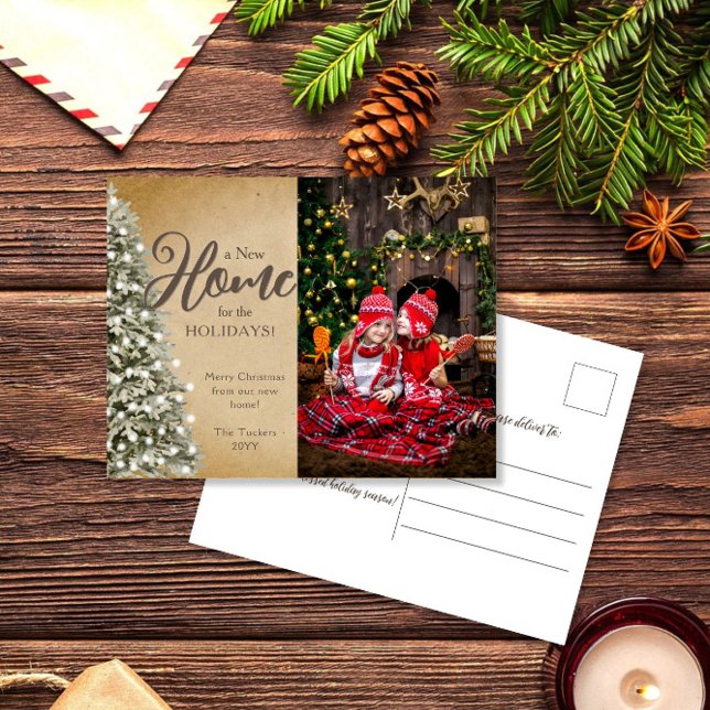 Christmas Tree on Parchment New Home Photo Moving Postcard (Creator Uploaded)