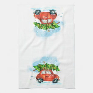 Christmas Tree on red car iconic retro dish Kitche Tea Towel