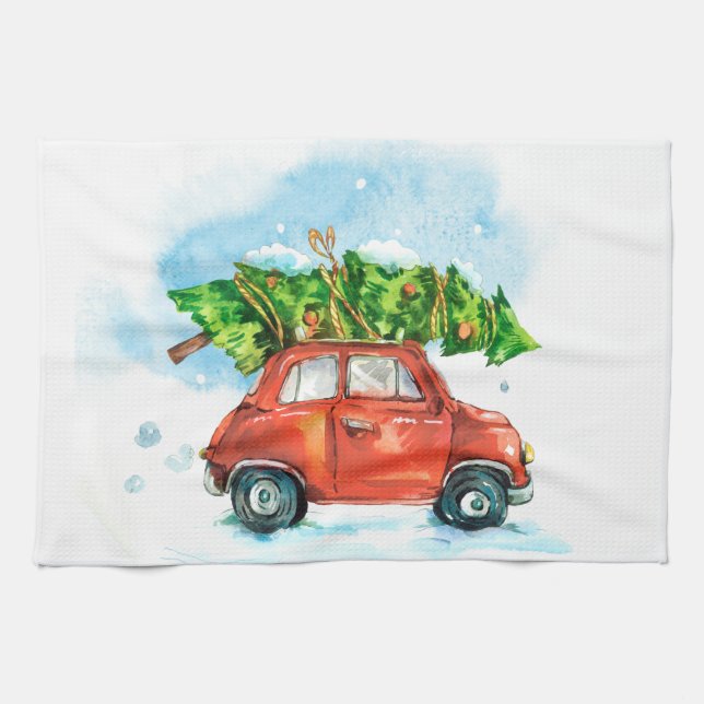 Christmas Tree on red car iconic retro dish Tea Towel (Horizontal)