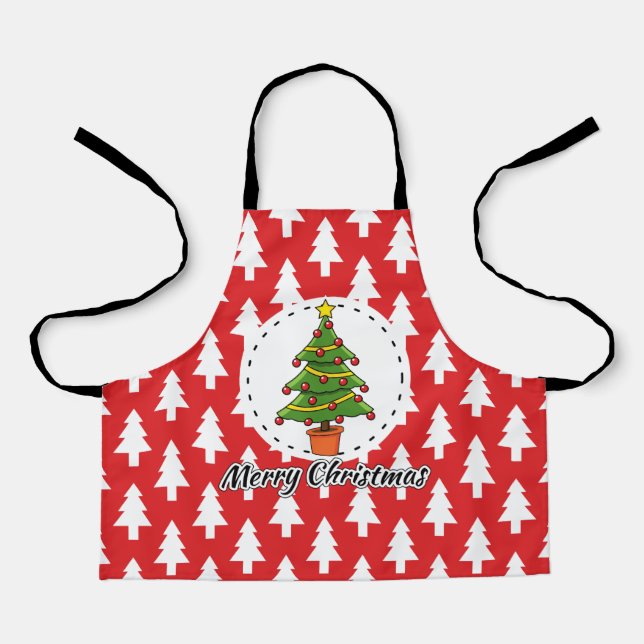 Christmas Tree on Red Pines Pattern - Merry Xmas Apron (Front)