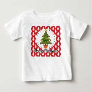 Christmas Tree on Red Pines Pattern - Merry Xmas Baby T-Shirt