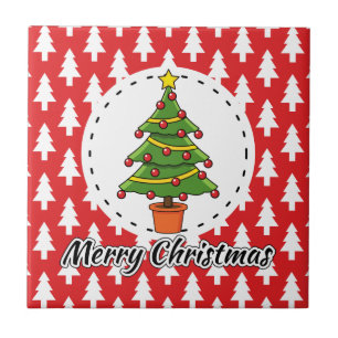 Christmas Tree on Red Pines Pattern - Merry Xmas Ceramic Tile
