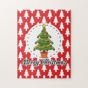 Christmas Tree on Red Pines Pattern - Merry Xmas Jigsaw Puzzle