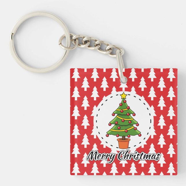 Christmas Tree on Red Pines Pattern - Merry Xmas Key Ring (Front)