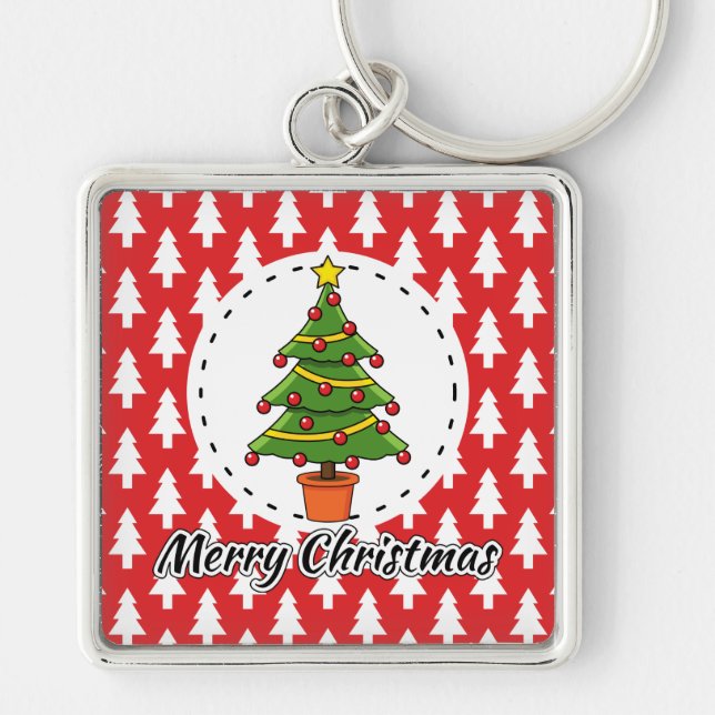 Christmas Tree on Red Pines Pattern - Merry Xmas Key Ring (Front)