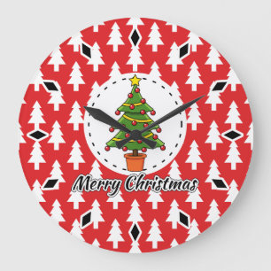 Christmas Tree on Red Pines Pattern - Merry Xmas Large Clock