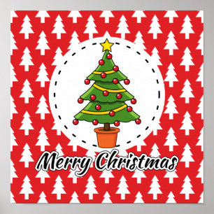 Christmas Tree on Red Pines Pattern - Merry Xmas Poster