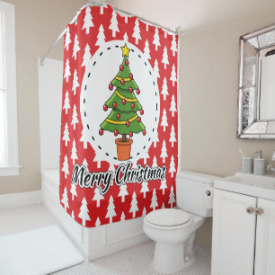Christmas Tree on Red Pines Pattern - Merry Xmas Shower Curtain