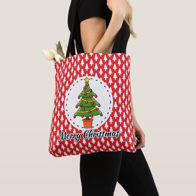 Christmas Tree on Red Pines Pattern - Merry Xmas Tote Bag (Close Up)