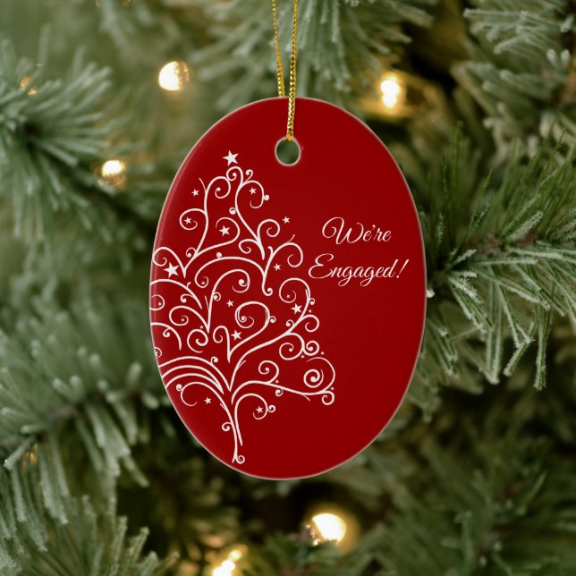 Christmas Tree on Red Winter Engagement Ceramic Ornament (Tree)