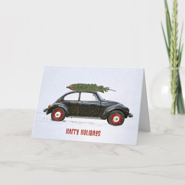 Christmas tree on retro car in snowflakes card (Front)