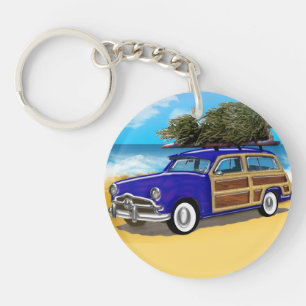 Christmas Tree on the Roof of a Blue Woodie Key Ring