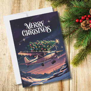 Christmas Tree on Vintage Aeroplane Photo Funny Holiday Card