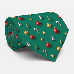 Christmas Tree Ornaments and Candy Cane Dark Green Tie