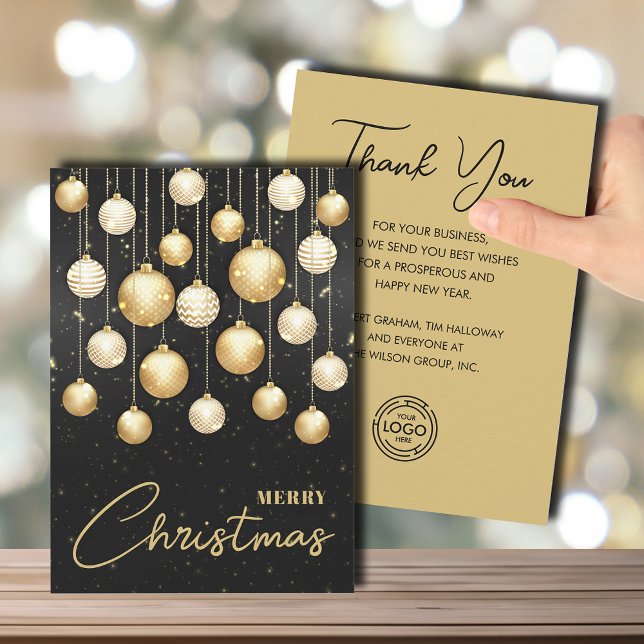 Christmas Tree Ornaments Business Greeting Flat Holiday Card (White and gold Christmas tree ornaments business greeting holiday cards with logo on back)