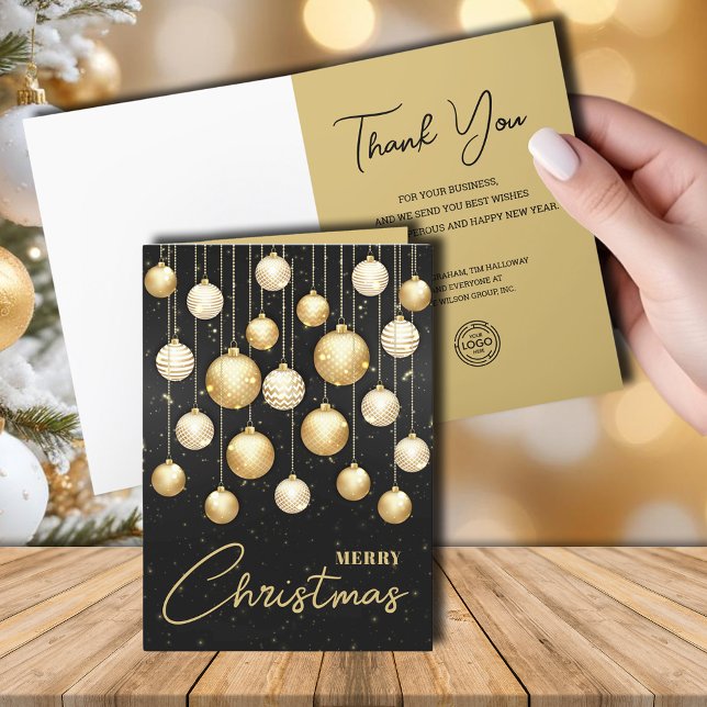 Christmas Tree Ornaments Business Greeting Holiday Card (White and gold Christmas tree ornaments business greeting cards with your logo)