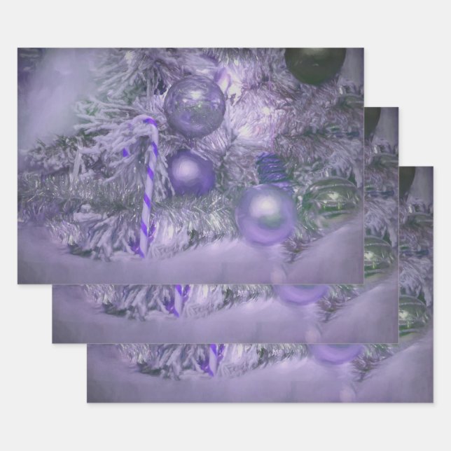 Christmas Tree Ornaments Elegant Purple Holiday Wrapping Paper Sheet (Set)