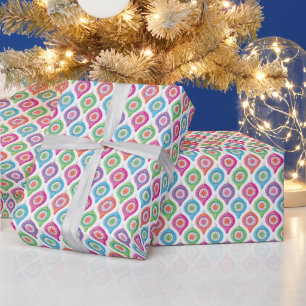 Christmas tree ornaments in bright candy colours  wrapping paper